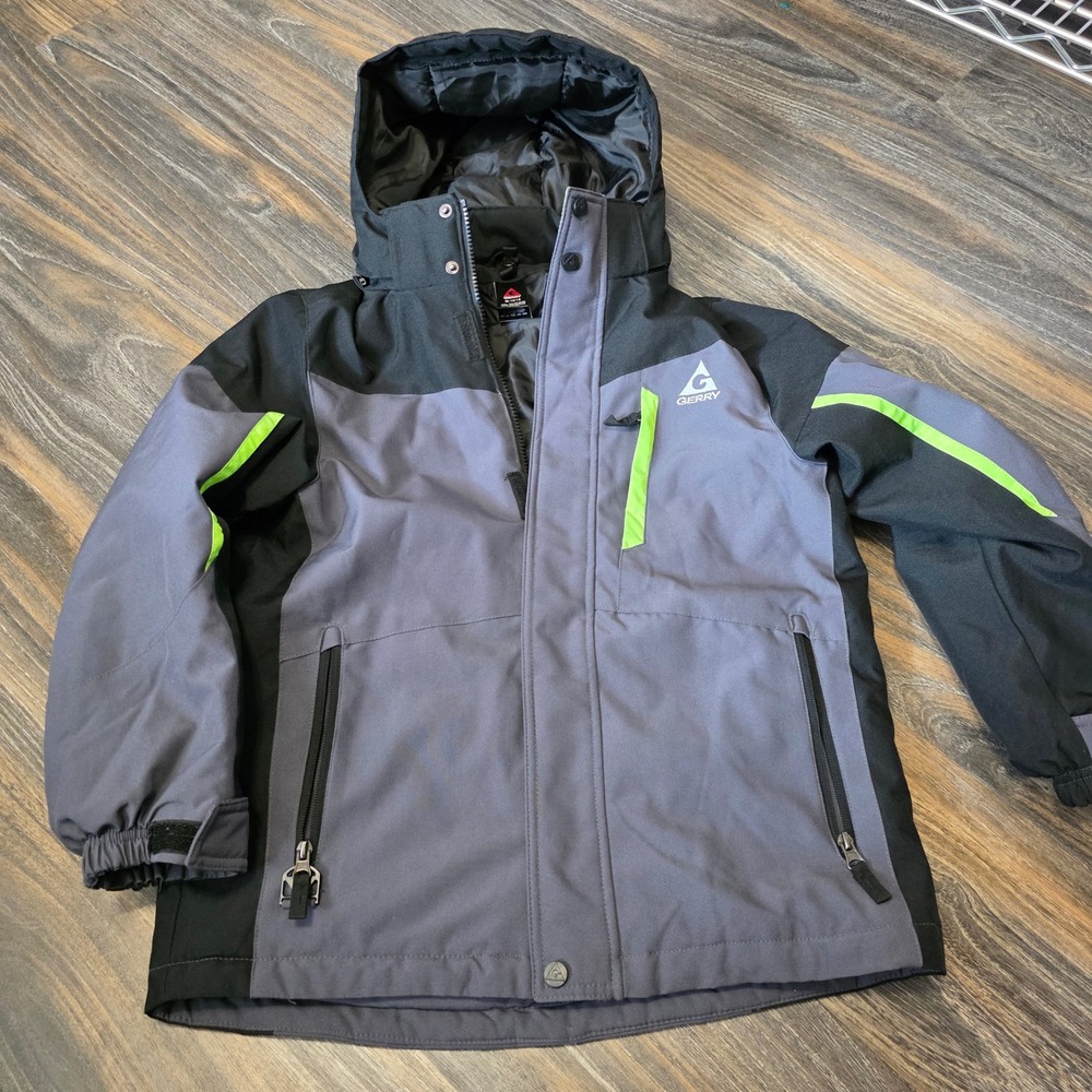 Gerry Kids Grey Black Neon Green Hooded Winter Jacket Puffer Coat Size M 10/12